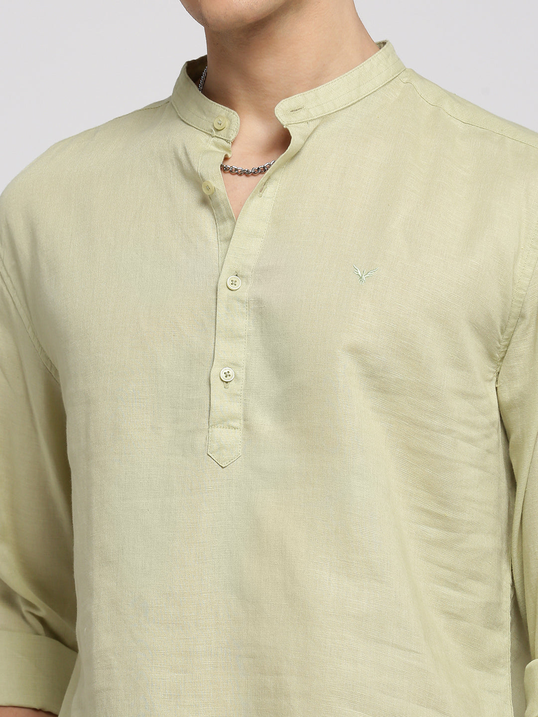 Men Sea Green Solid Mandarin Collar Casual Short Kurta