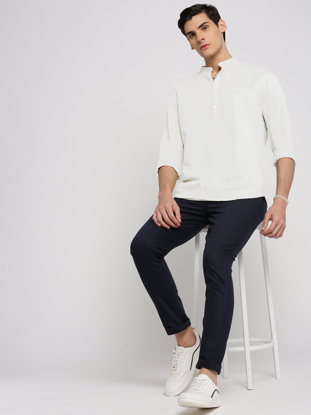 Men's White Mandarin Collar Slim Fit Shirt