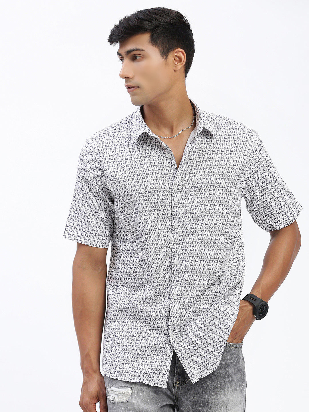 Men Geometric White Slim Fit Shirt