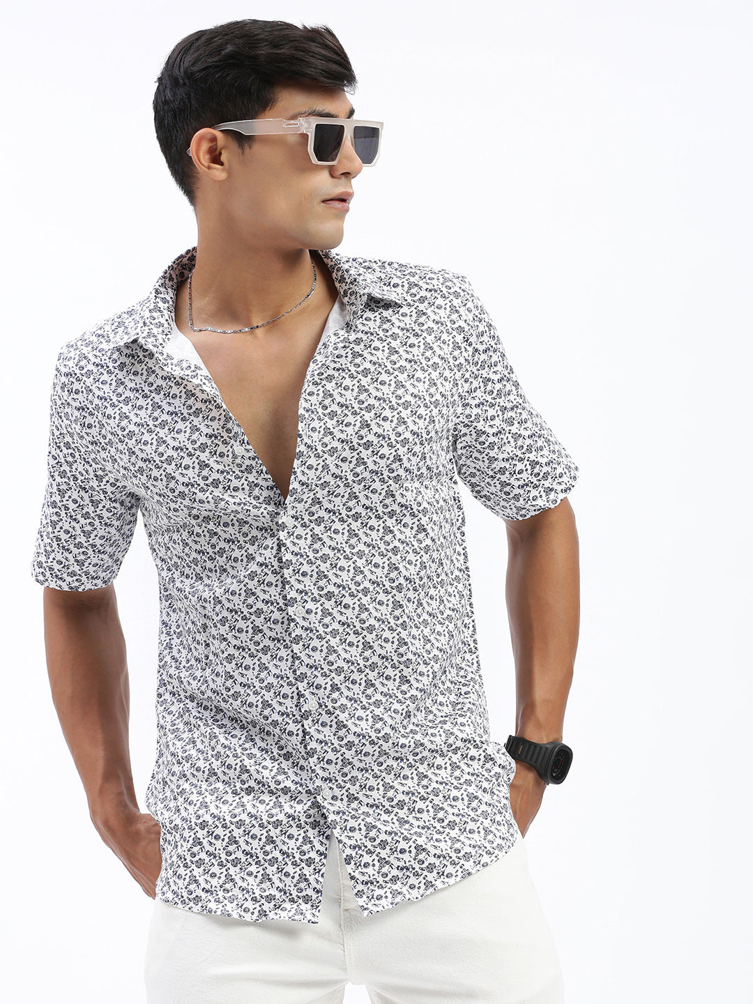 Men Micro Print Black Slim Fit Shirt