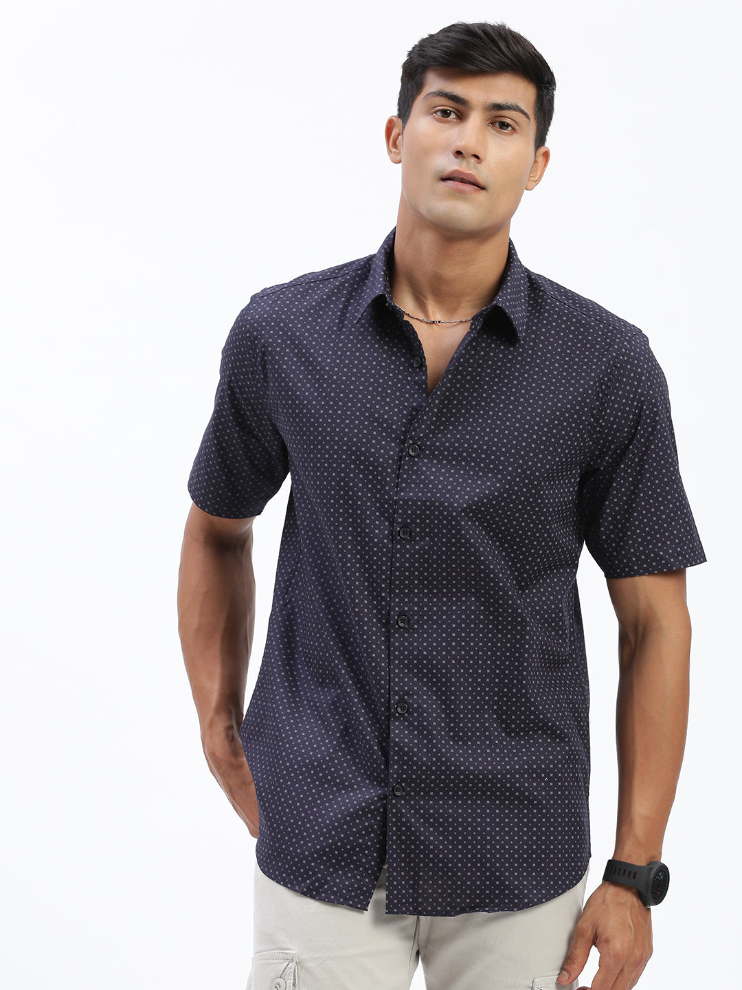 Men Micro Print Navy Blue Slim Fit Shirt