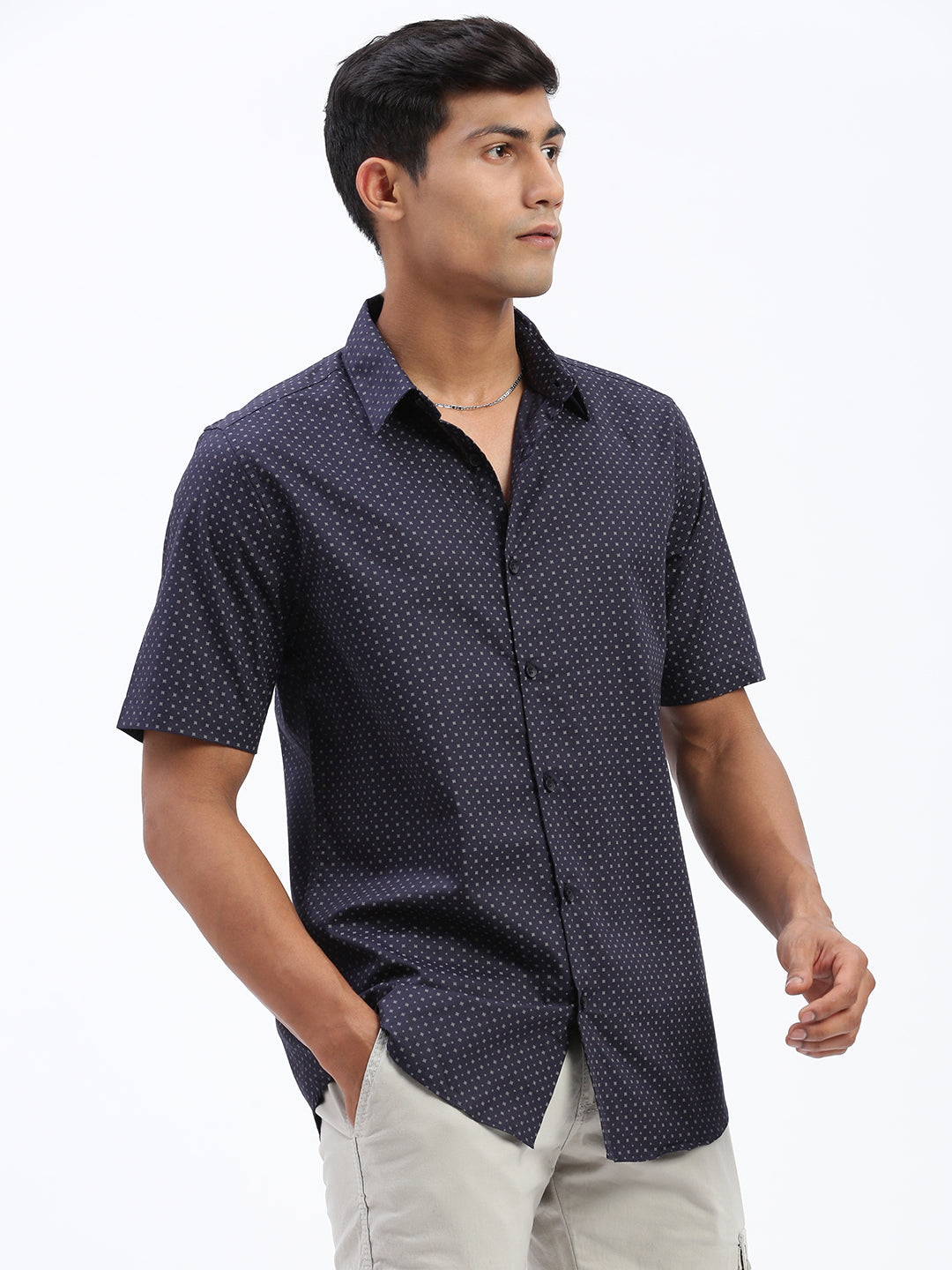 Men Micro Print Navy Blue Slim Fit Shirt