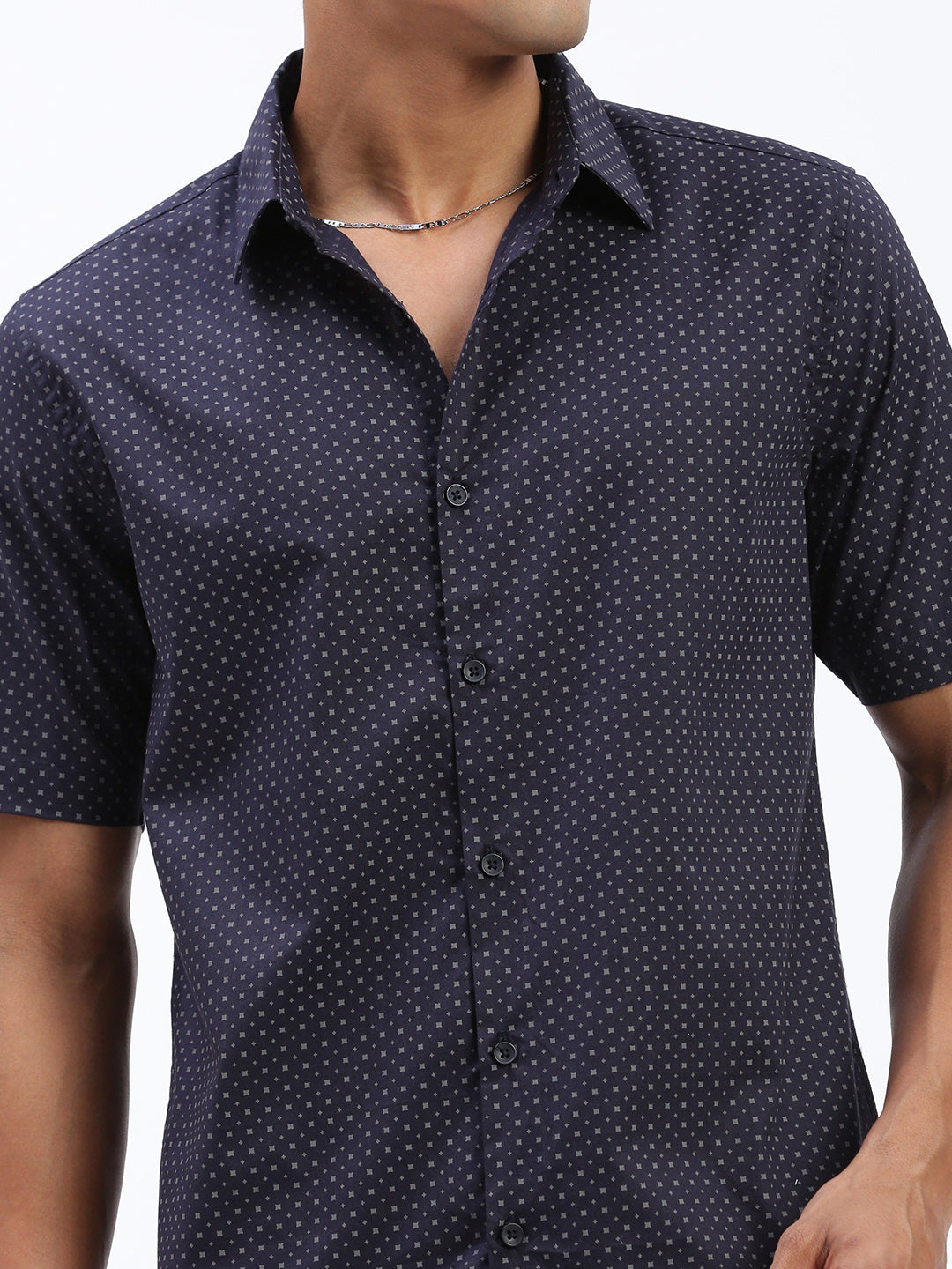 Men Micro Print Navy Blue Slim Fit Shirt