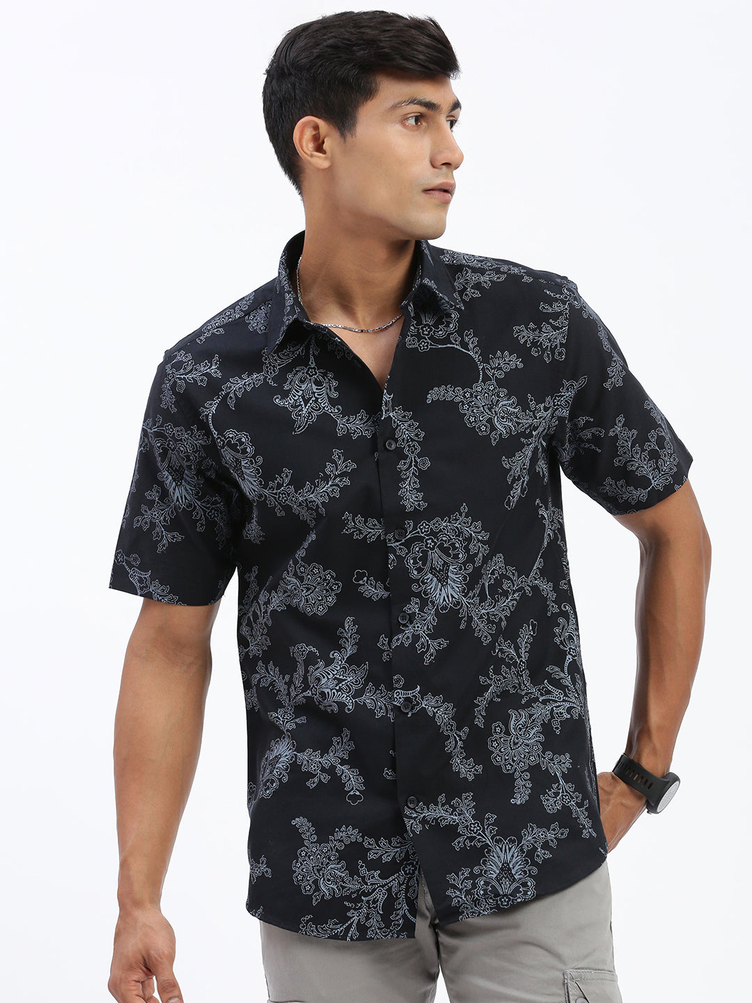 Men Floral Black Slim Fit Shirt