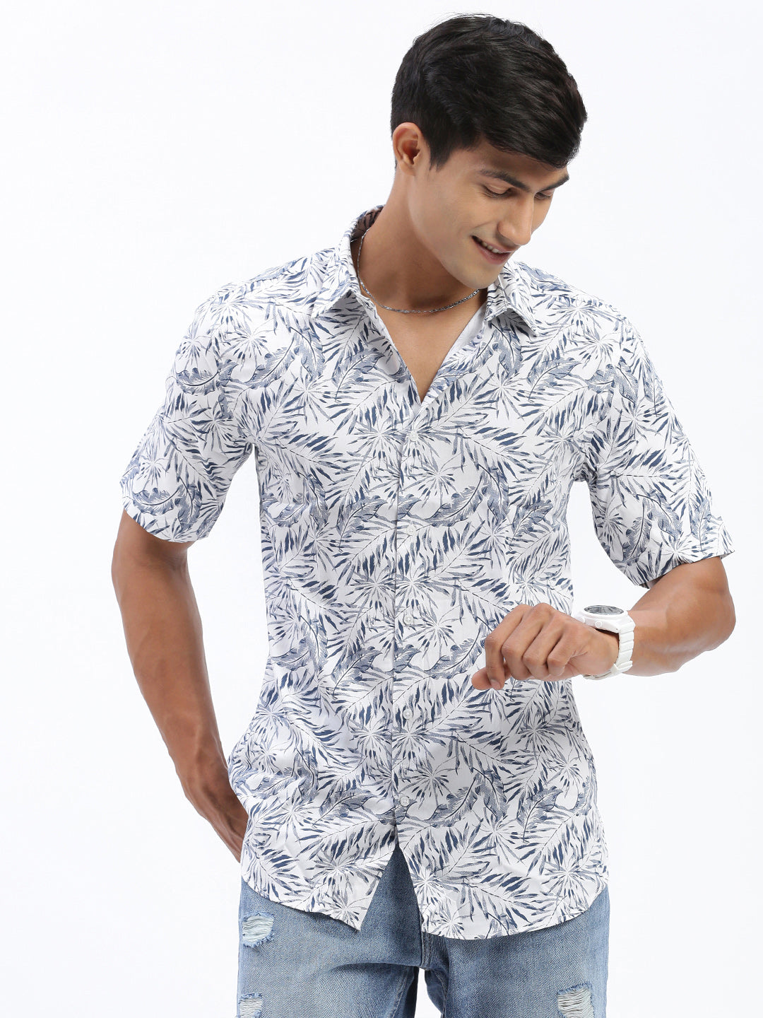 Men Floral White Slim Fit Shirt