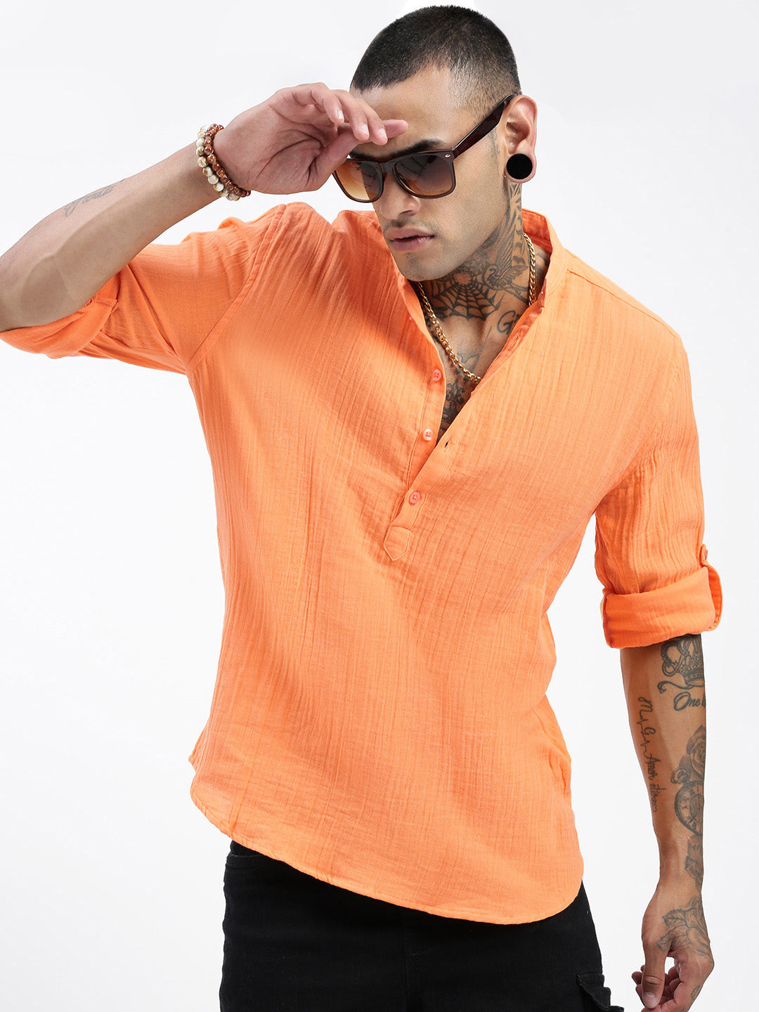 Men Orange Solid Kurta