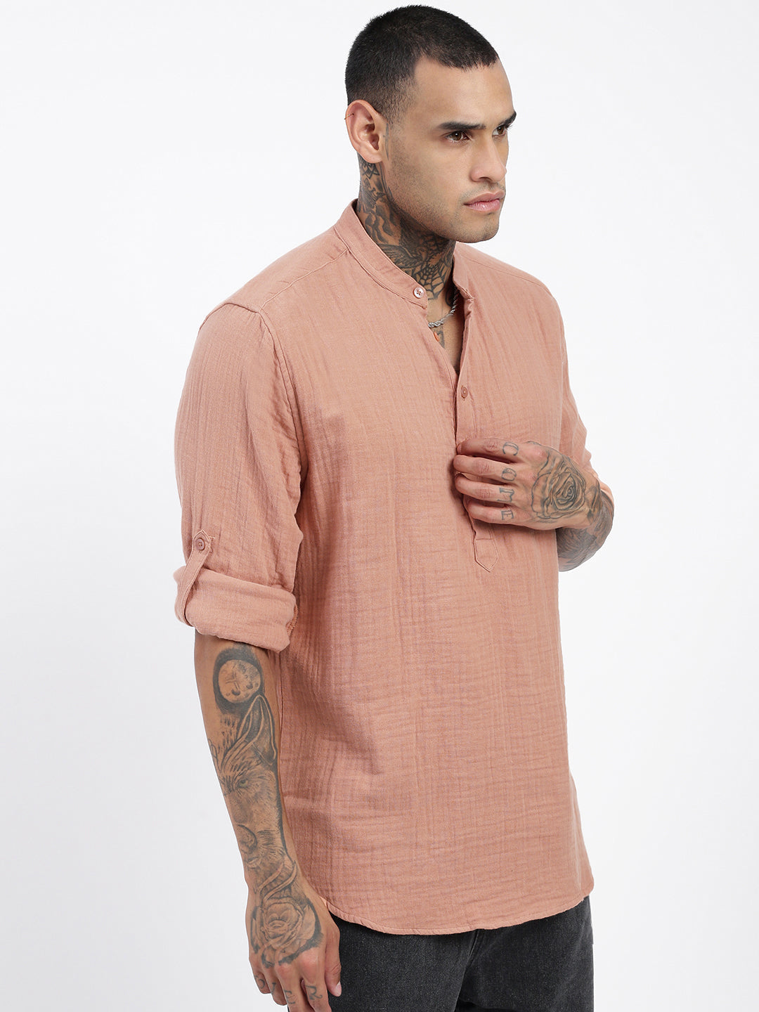 Men Peach Solid Kurta