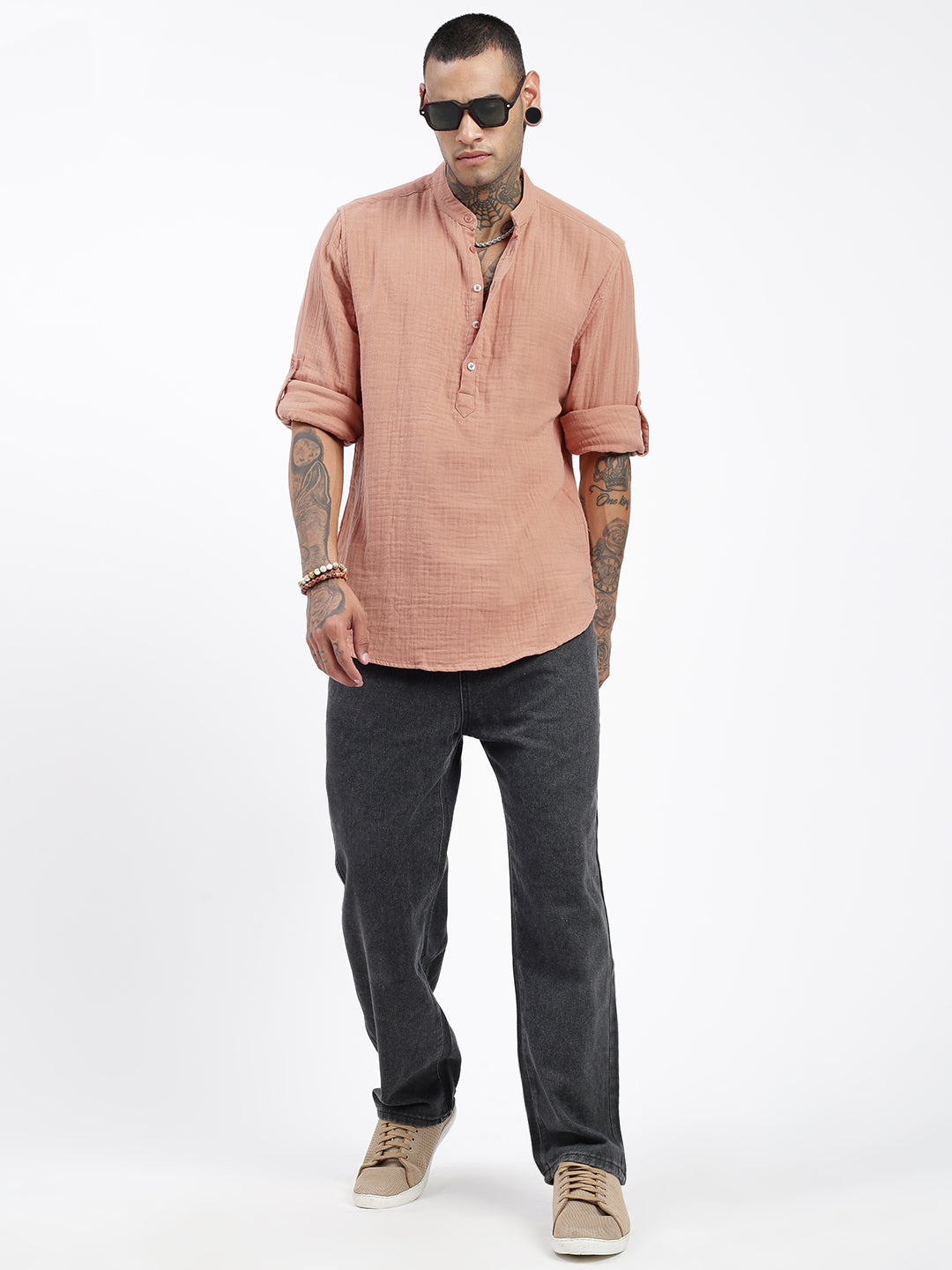 Men Peach Solid Kurta