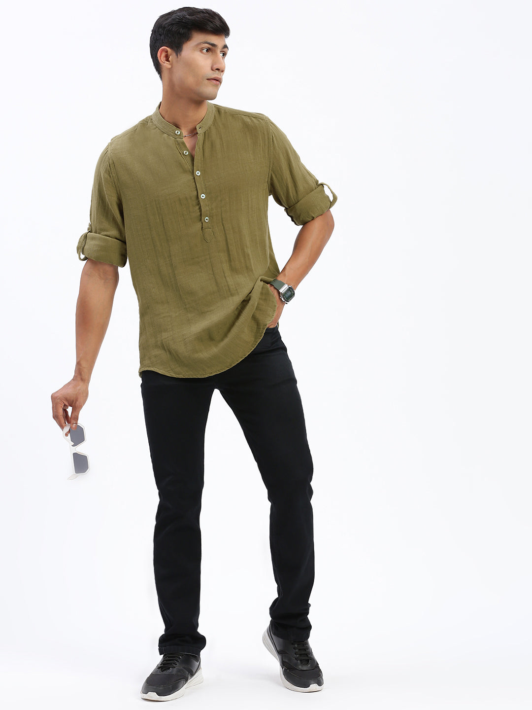 Men Olive Solid Kurta