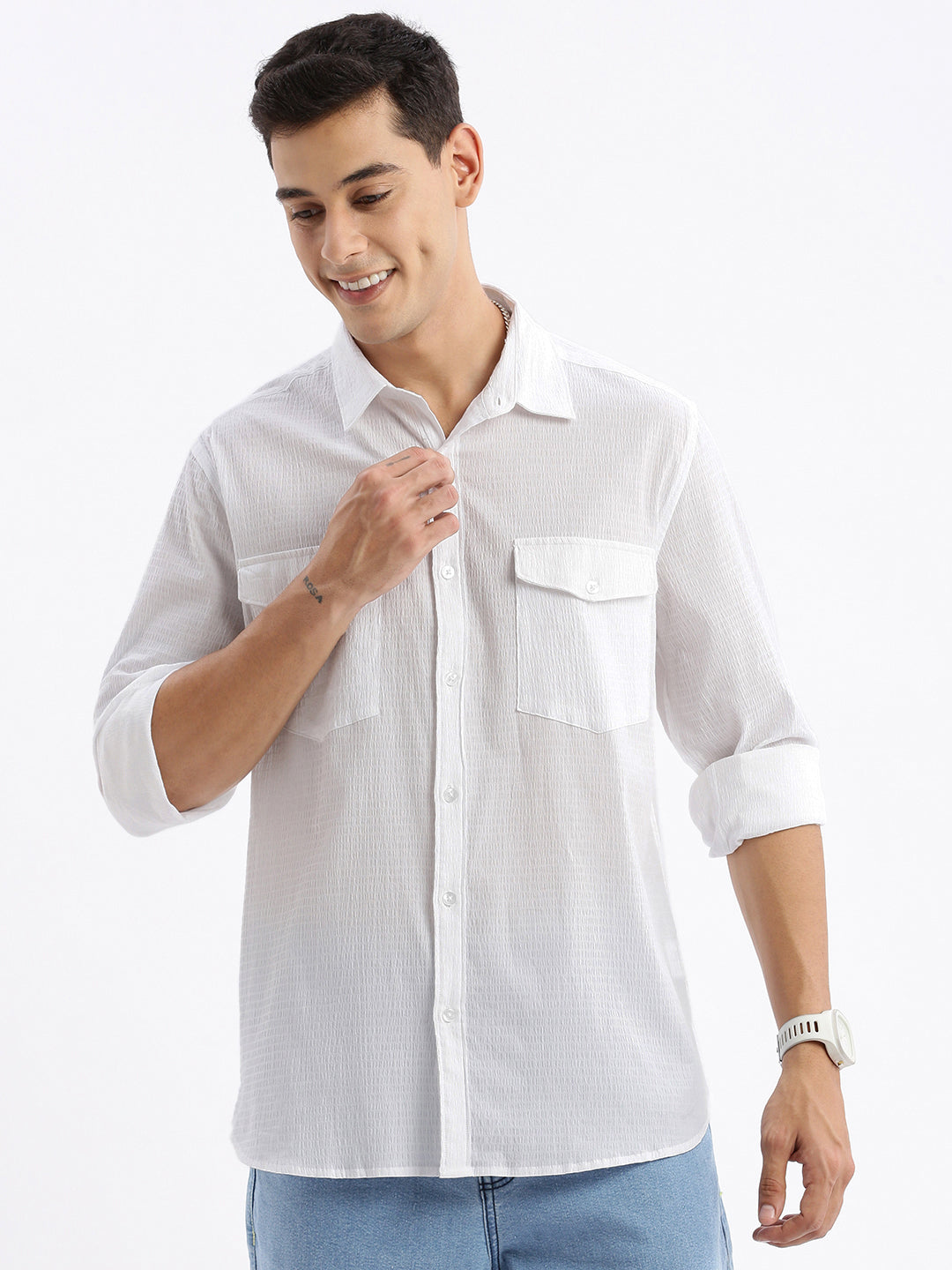 Men Spread Collar Solid Slim Fit White Shirt