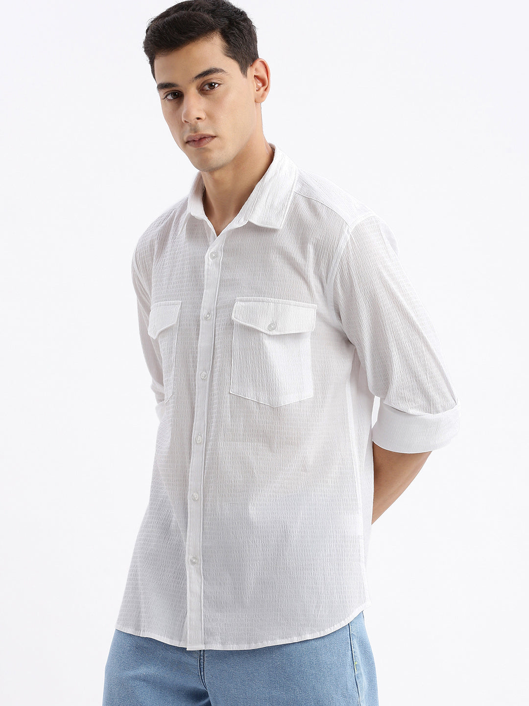 Men Spread Collar Solid Slim Fit White Shirt