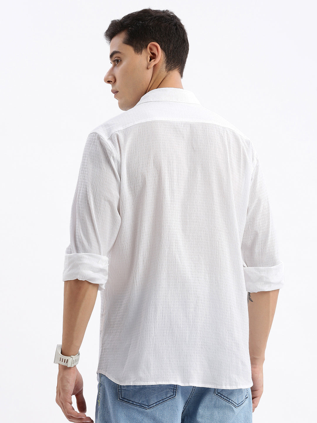 Men Spread Collar Solid Slim Fit White Shirt