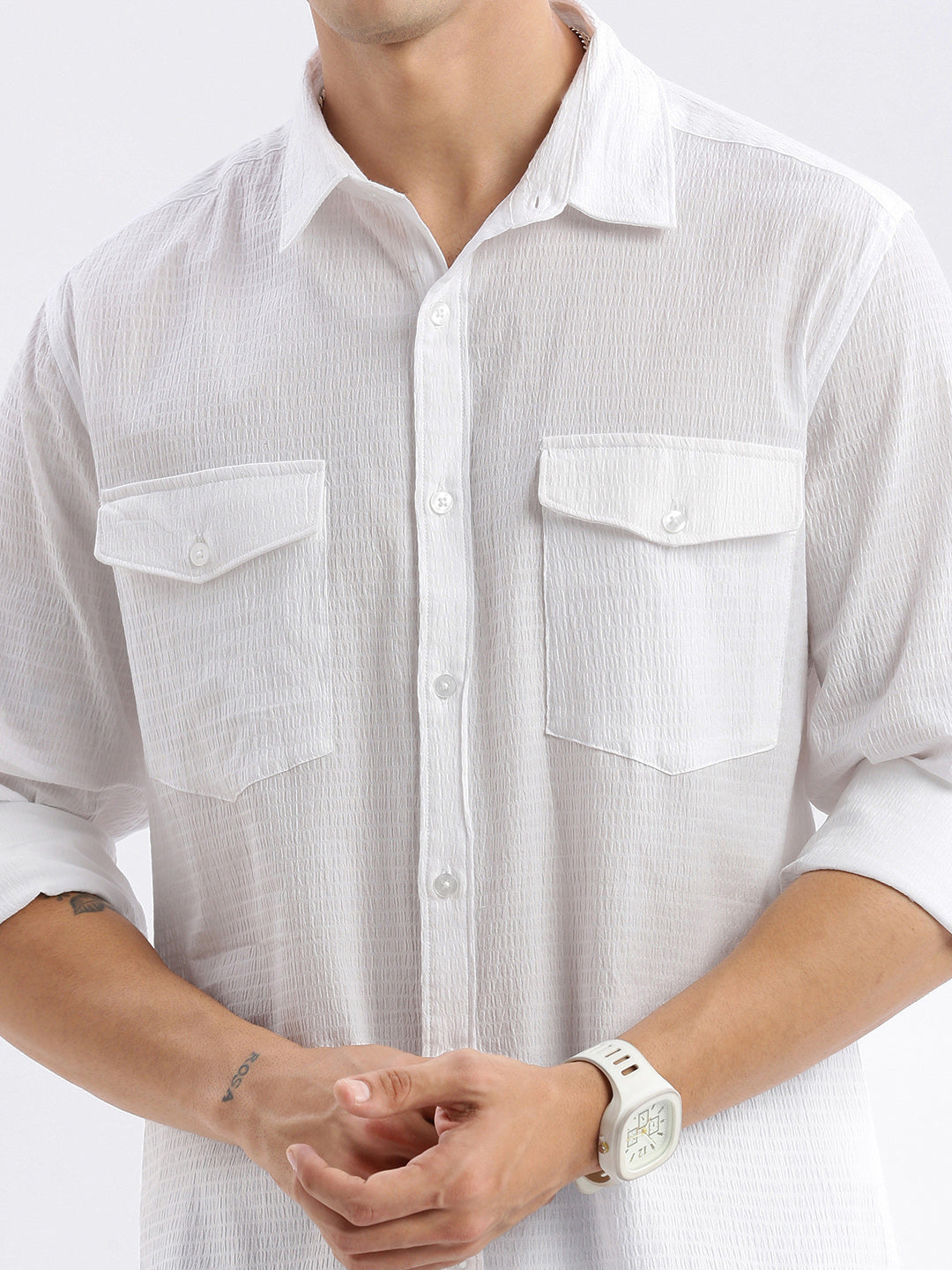 Men Spread Collar Solid Slim Fit White Shirt