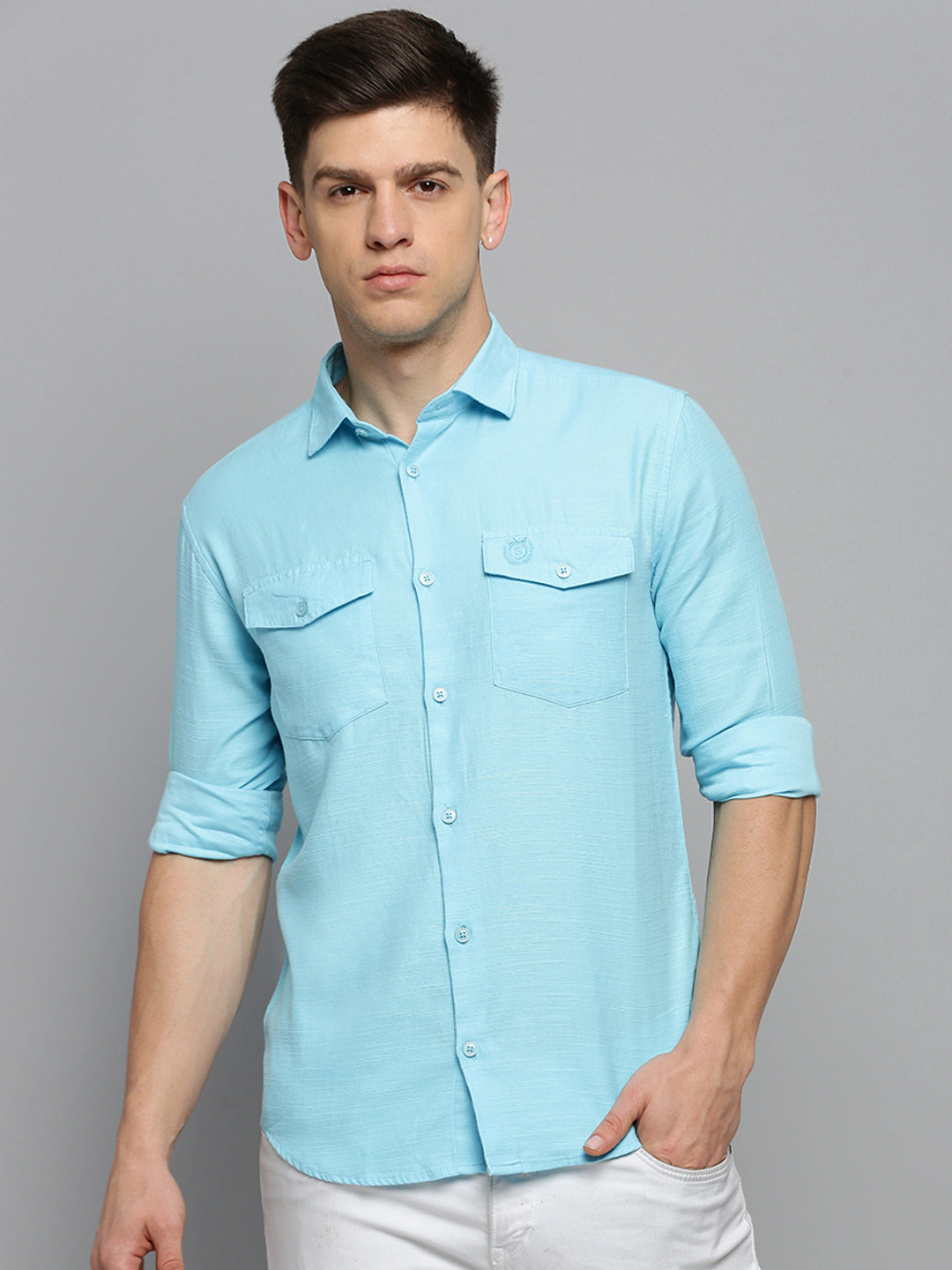 Men Spread Collar Solid Blue Shirt