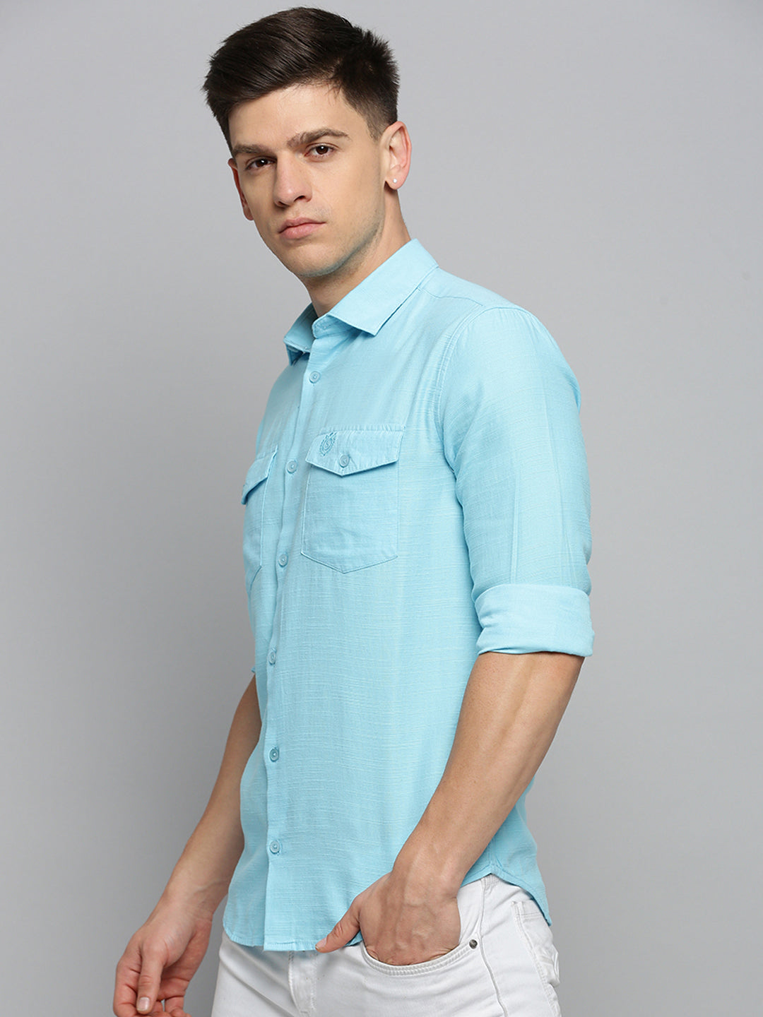 Men Spread Collar Solid Blue Shirt