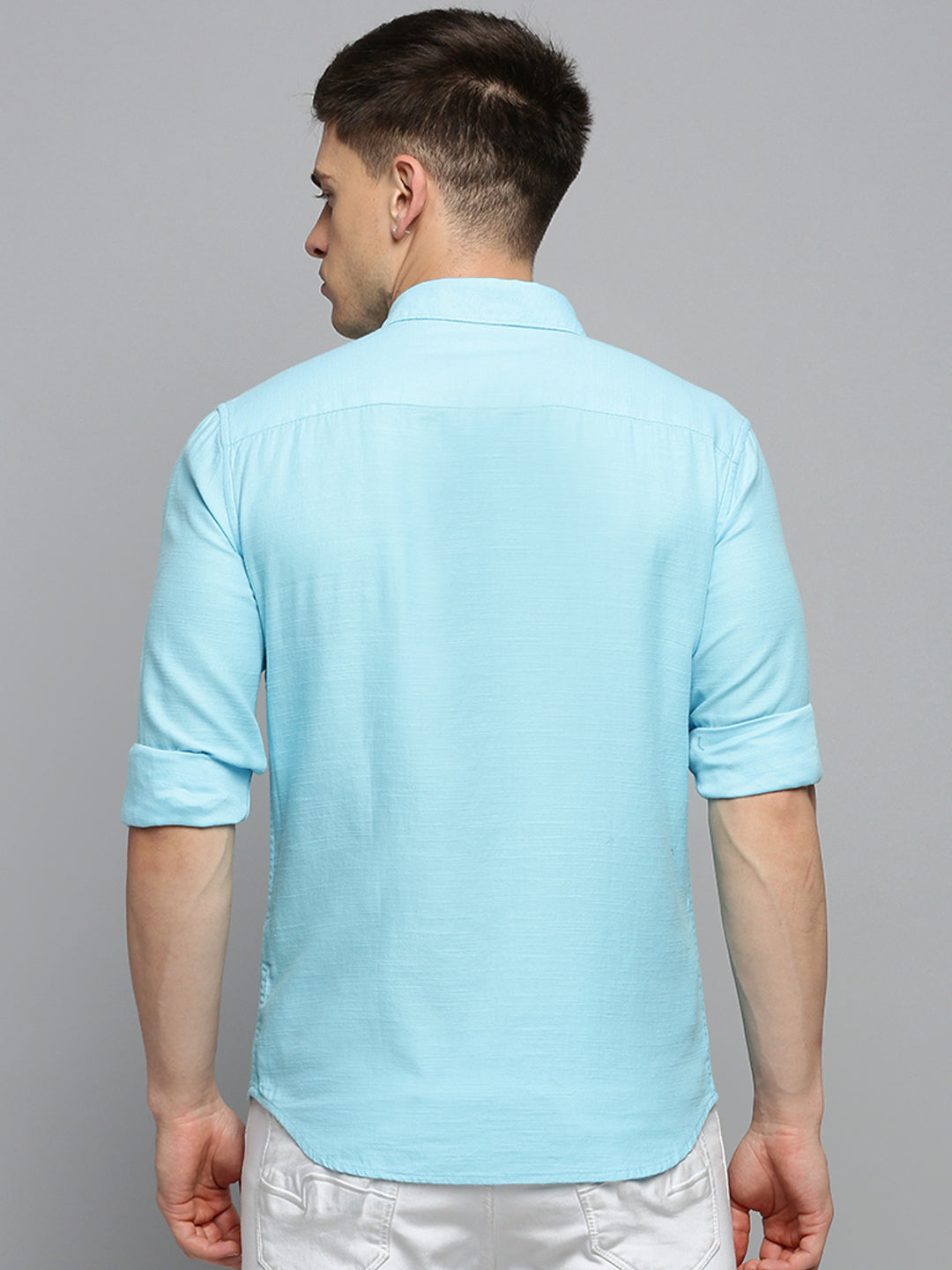 Men Spread Collar Solid Blue Shirt