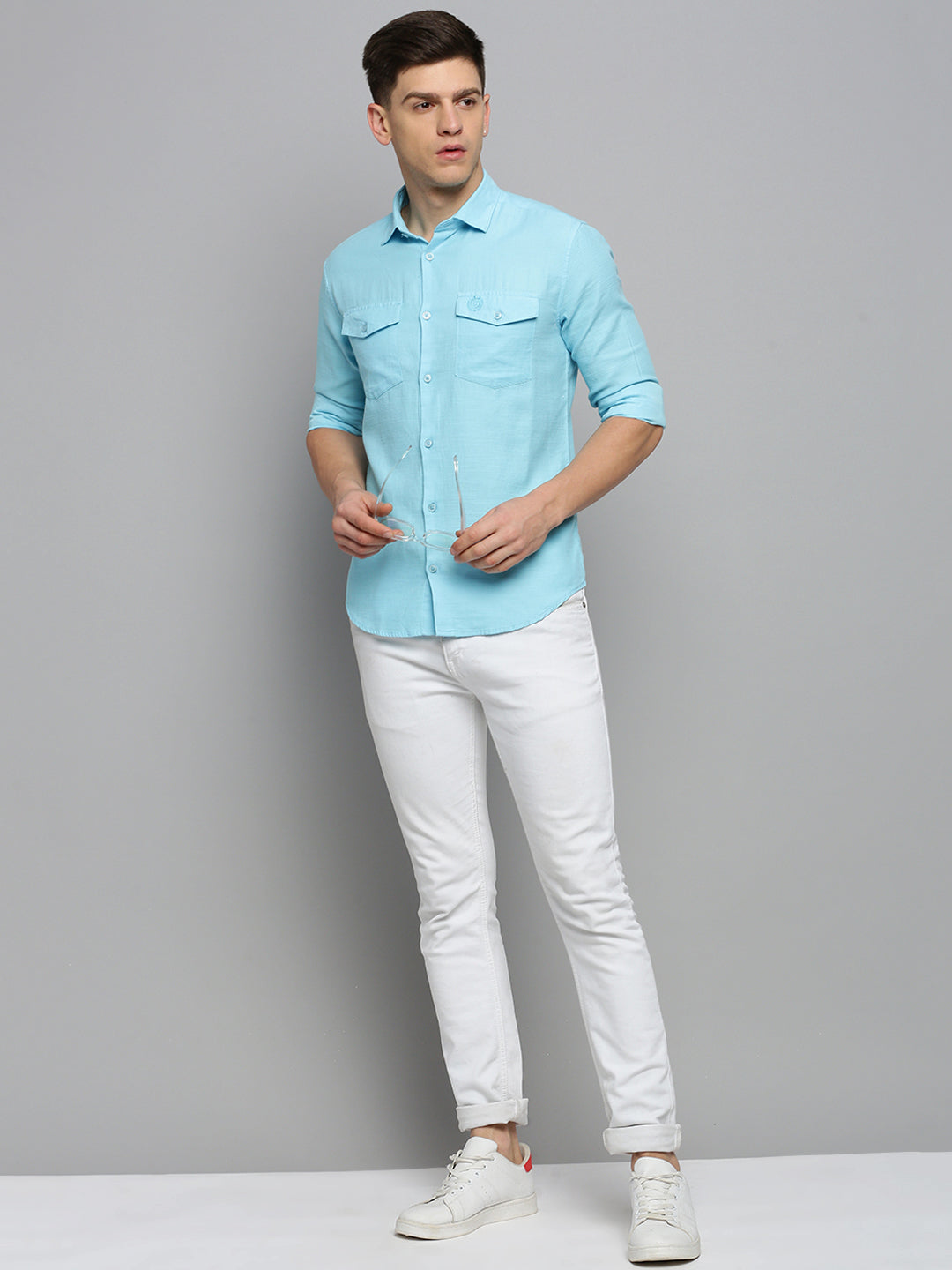 Men Spread Collar Solid Blue Shirt