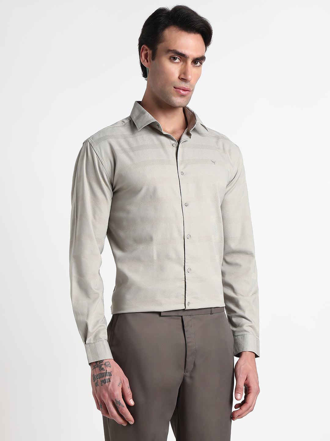 Men's Grey Striped Slim Fit Formal Shirt