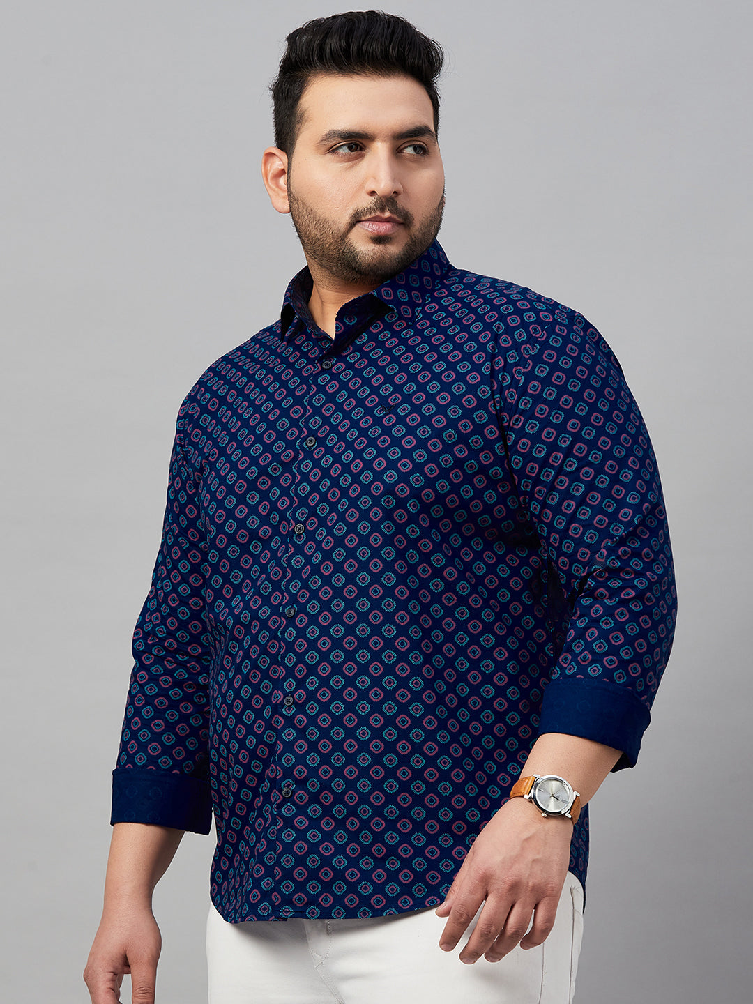 Men Spread Collar Printed Blue Shirt