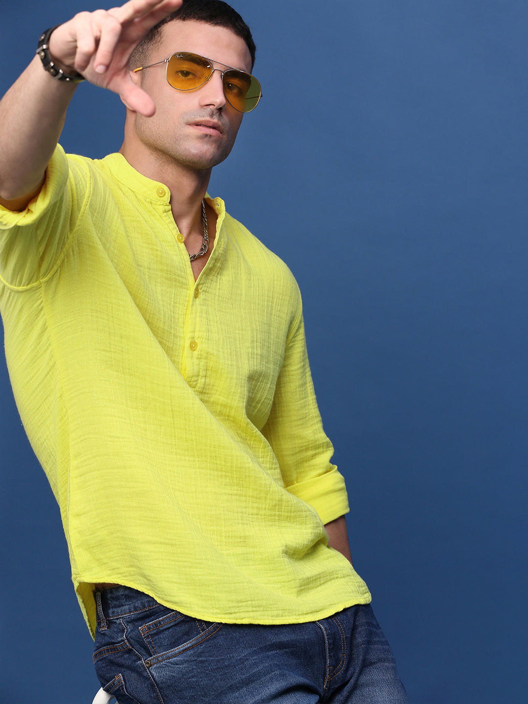 Men Yellow Solid Slim Fit Casual Kurta