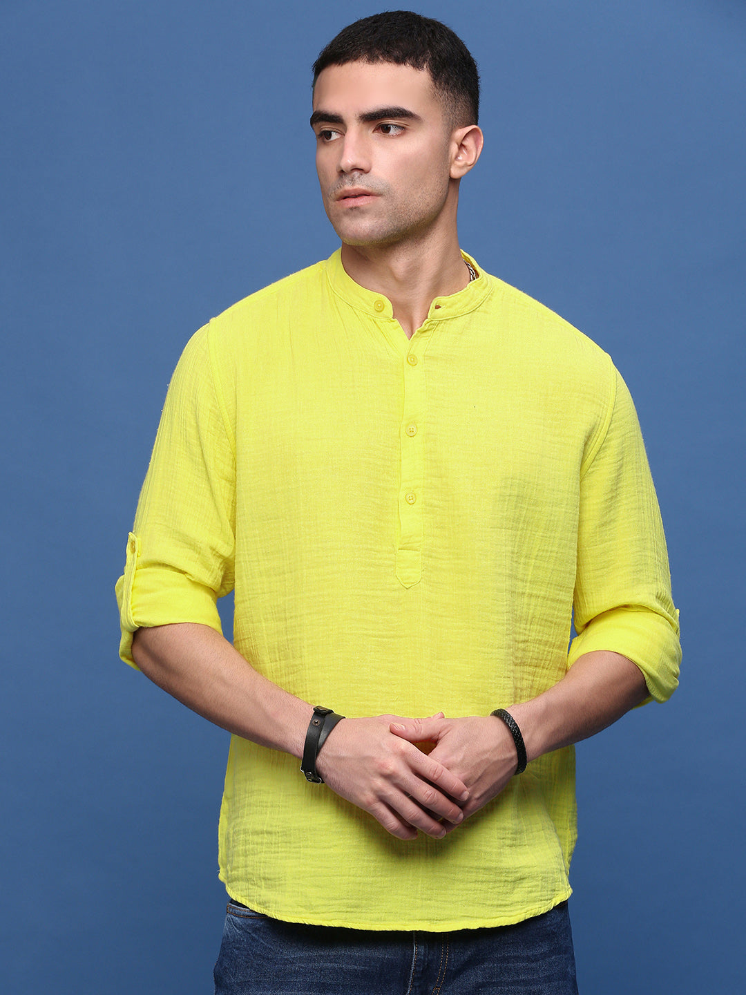 Men Yellow Solid Slim Fit Casual Kurta