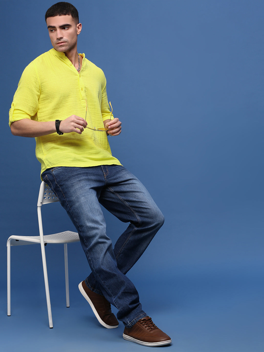 Men Yellow Solid Slim Fit Casual Kurta