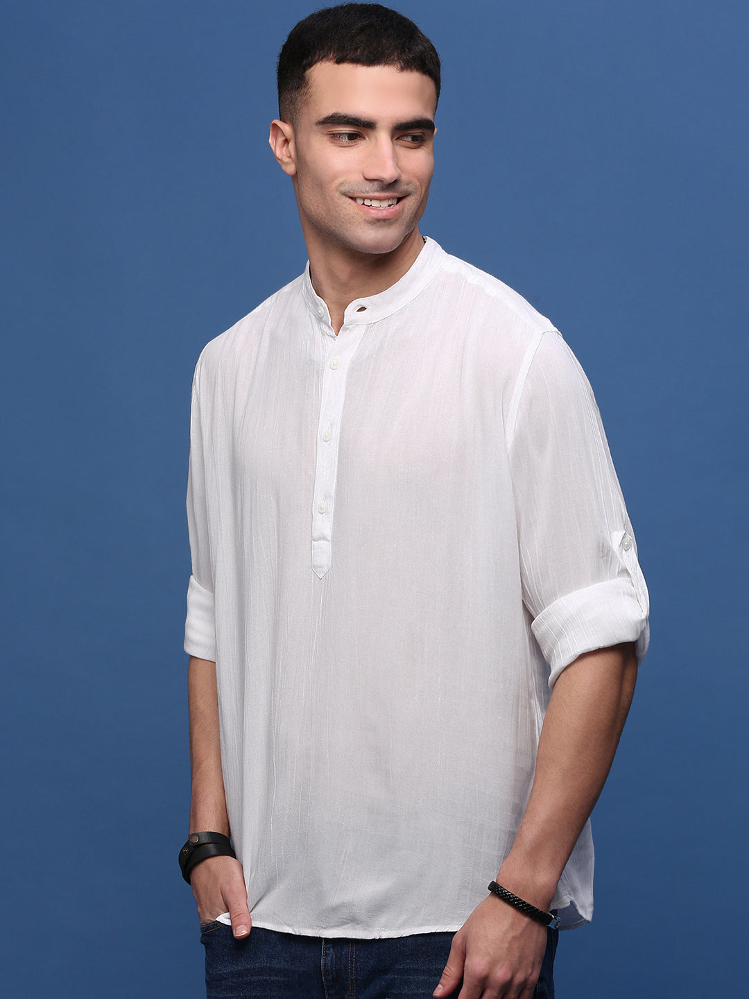 Men White Solid Slim Fit Casual Kurta