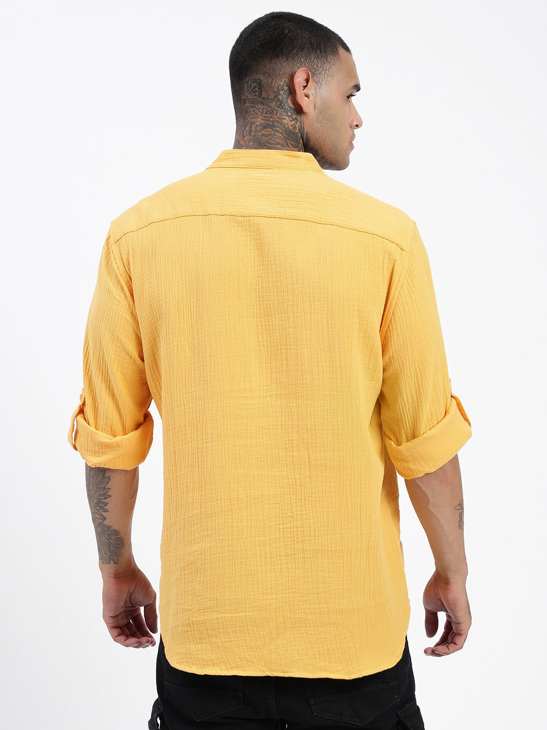 Men's Yellow Mandarin Collar Solid Slim Fit Shirt