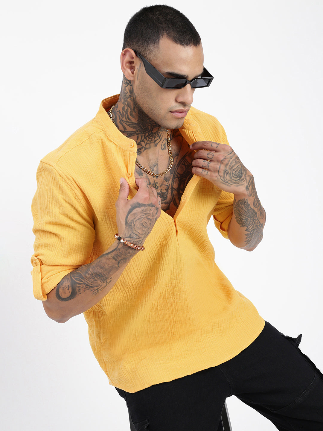 Men's Yellow Mandarin Collar Solid Slim Fit Shirt
