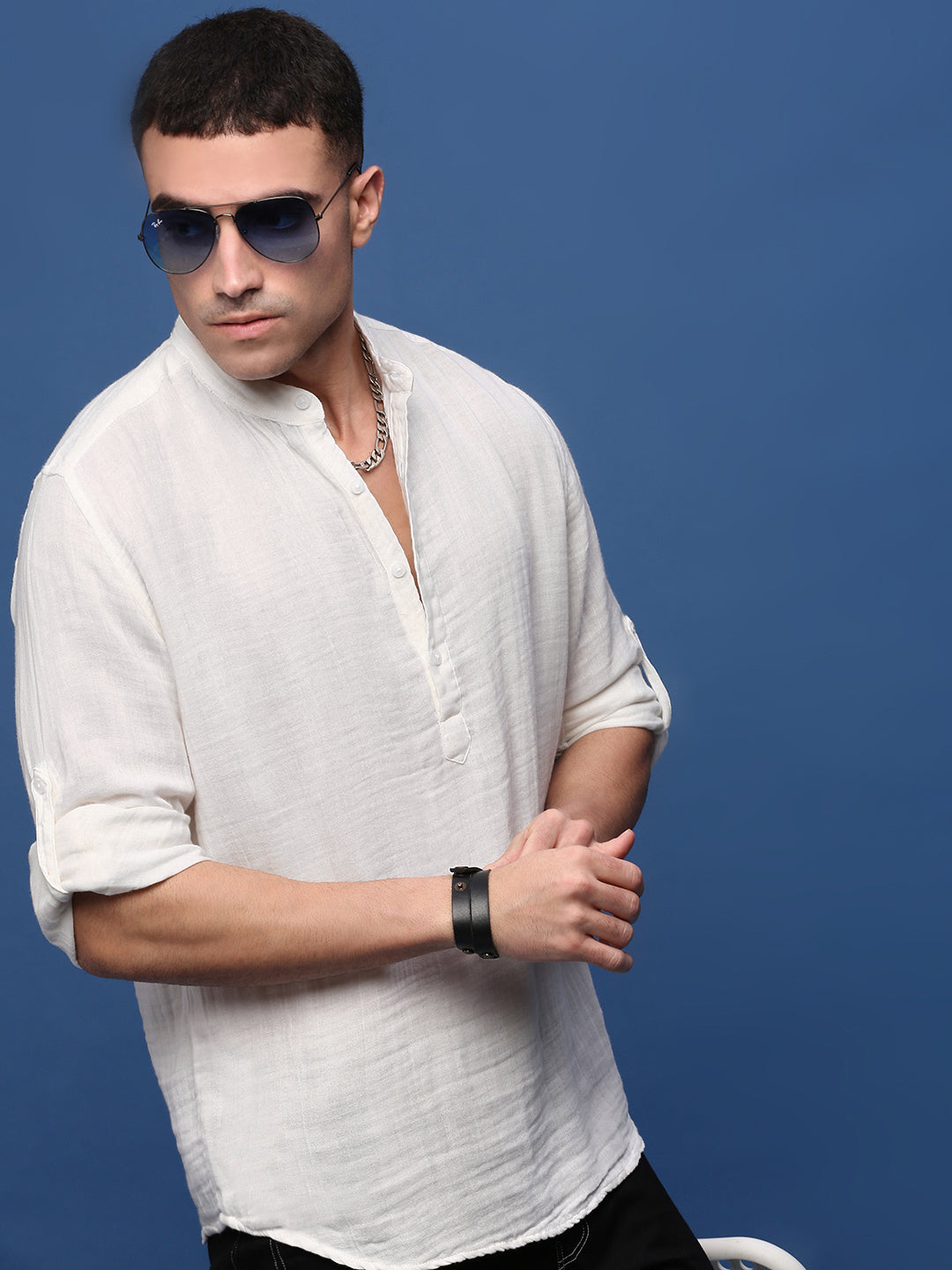 Men White Solid Slim Fit Casual Kurta