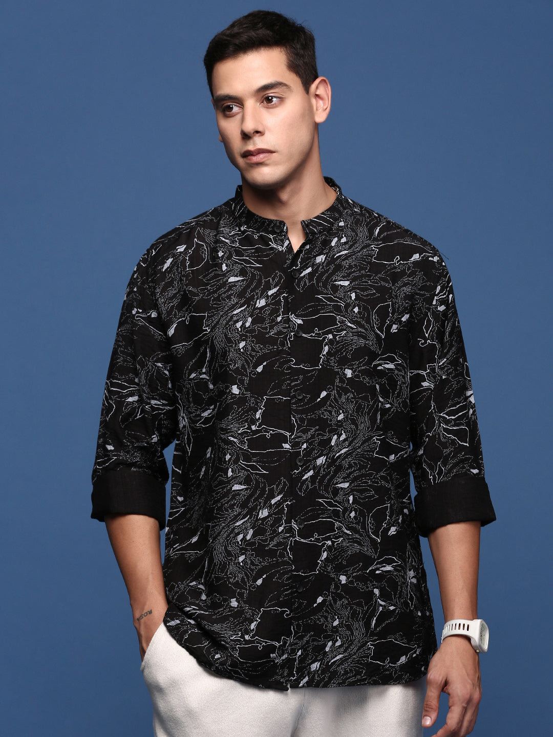 Men Mandarin Collar Abstract Black Slim Fit Shirt