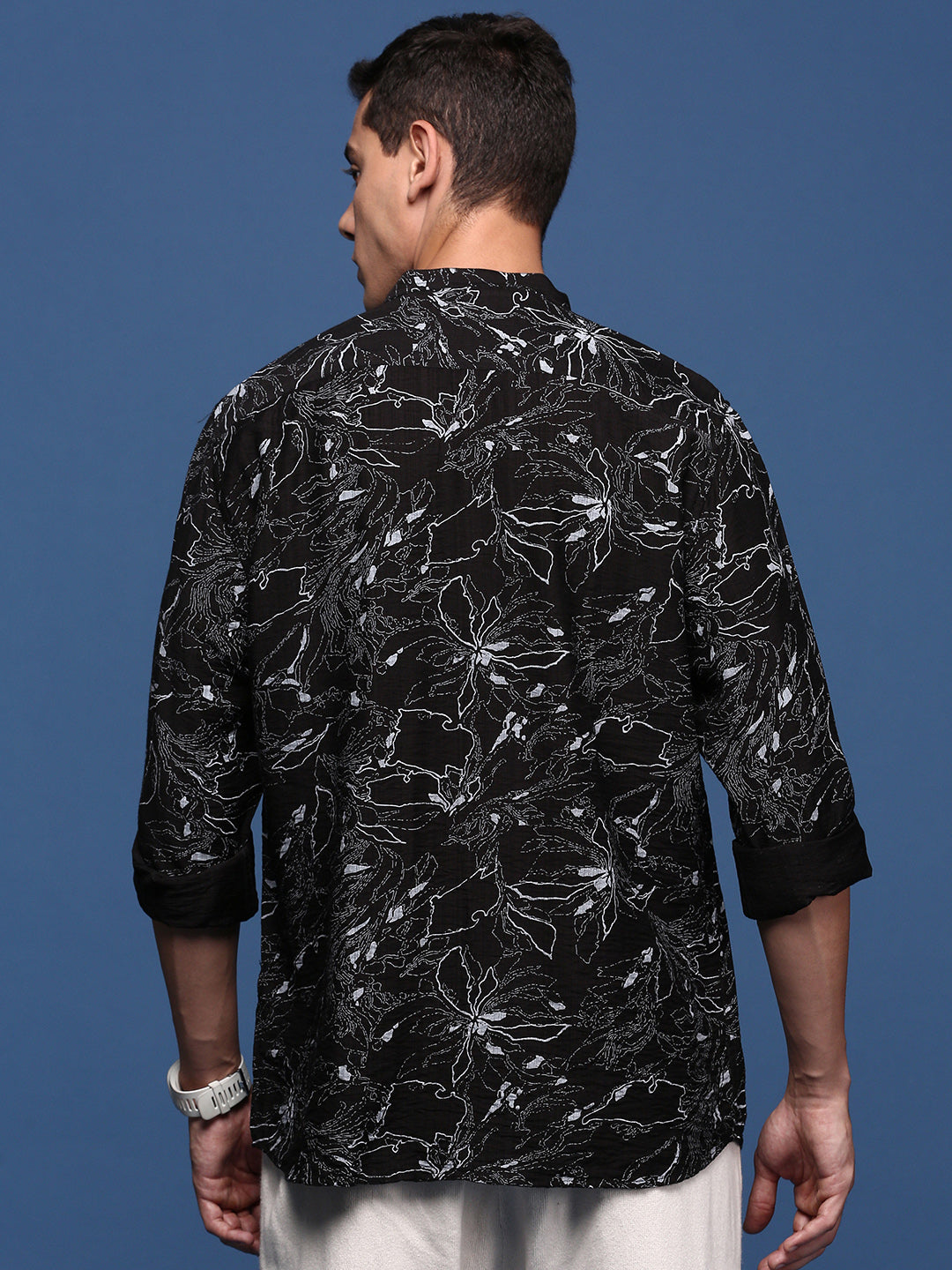 Men Mandarin Collar Abstract Black Slim Fit Shirt