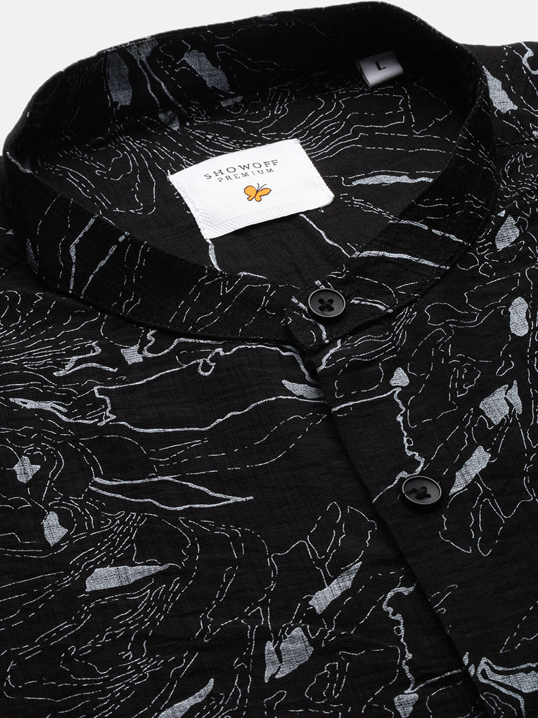 Men Mandarin Collar Abstract Black Slim Fit Shirt