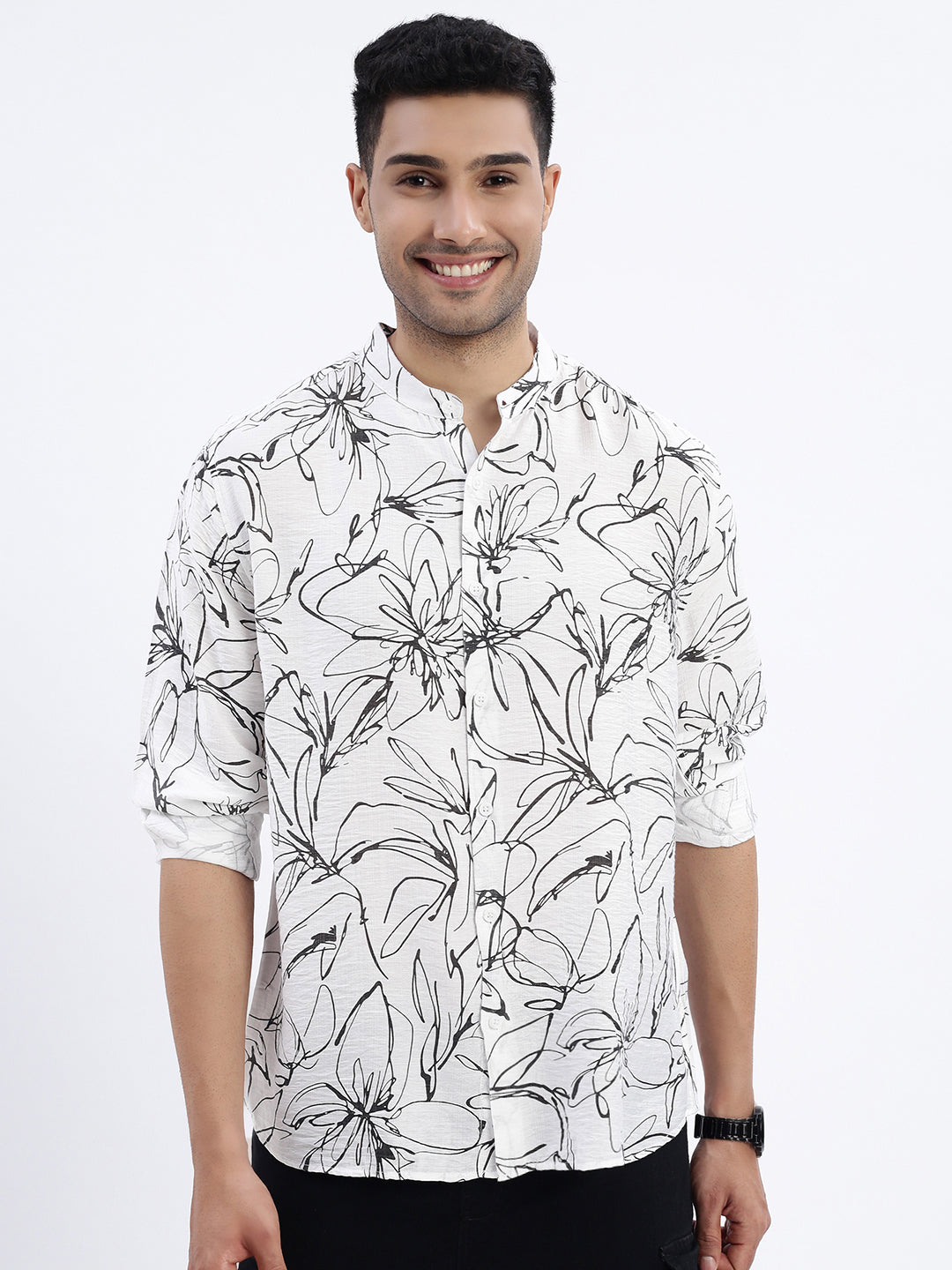 Men White Floral Slim Fit Shirt