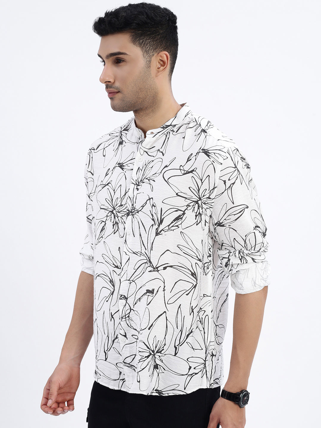 Men White Floral Slim Fit Shirt