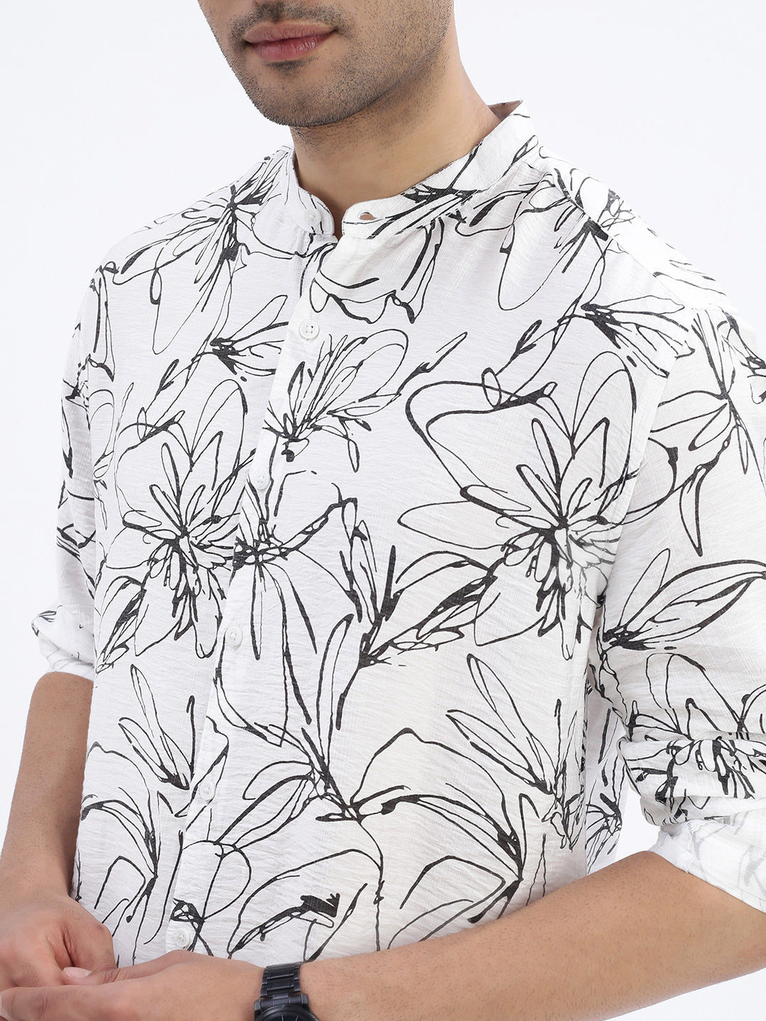 Men White Floral Slim Fit Shirt