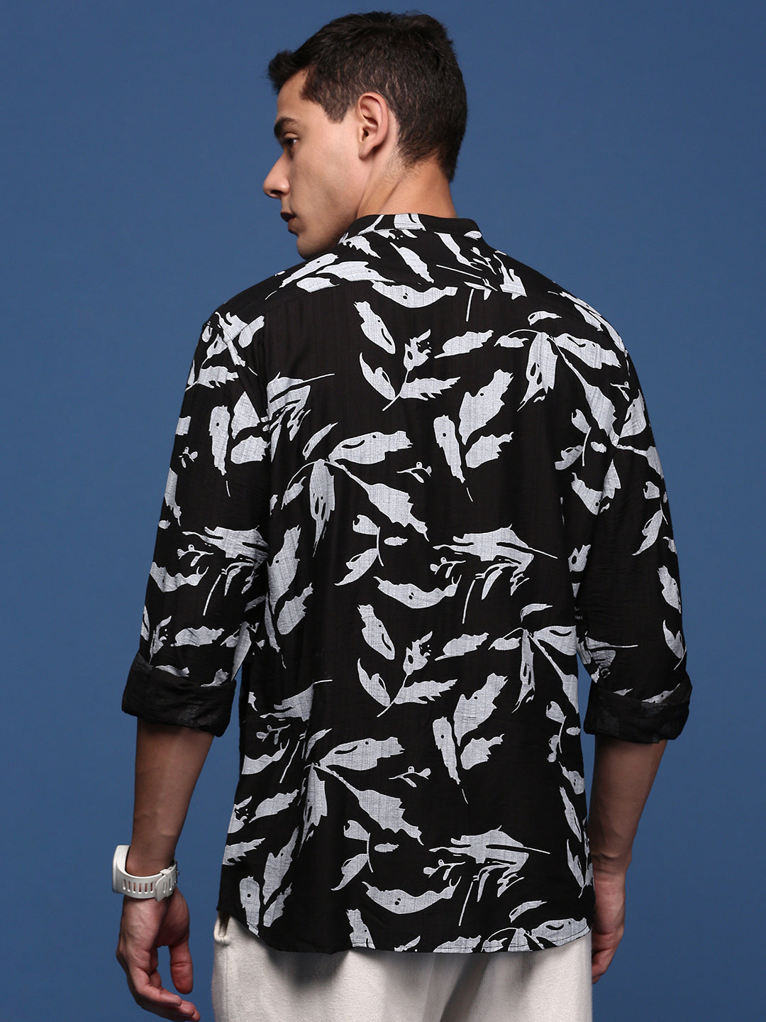 Men Mandarin Collar Abstract Black Slim Fit Shirt