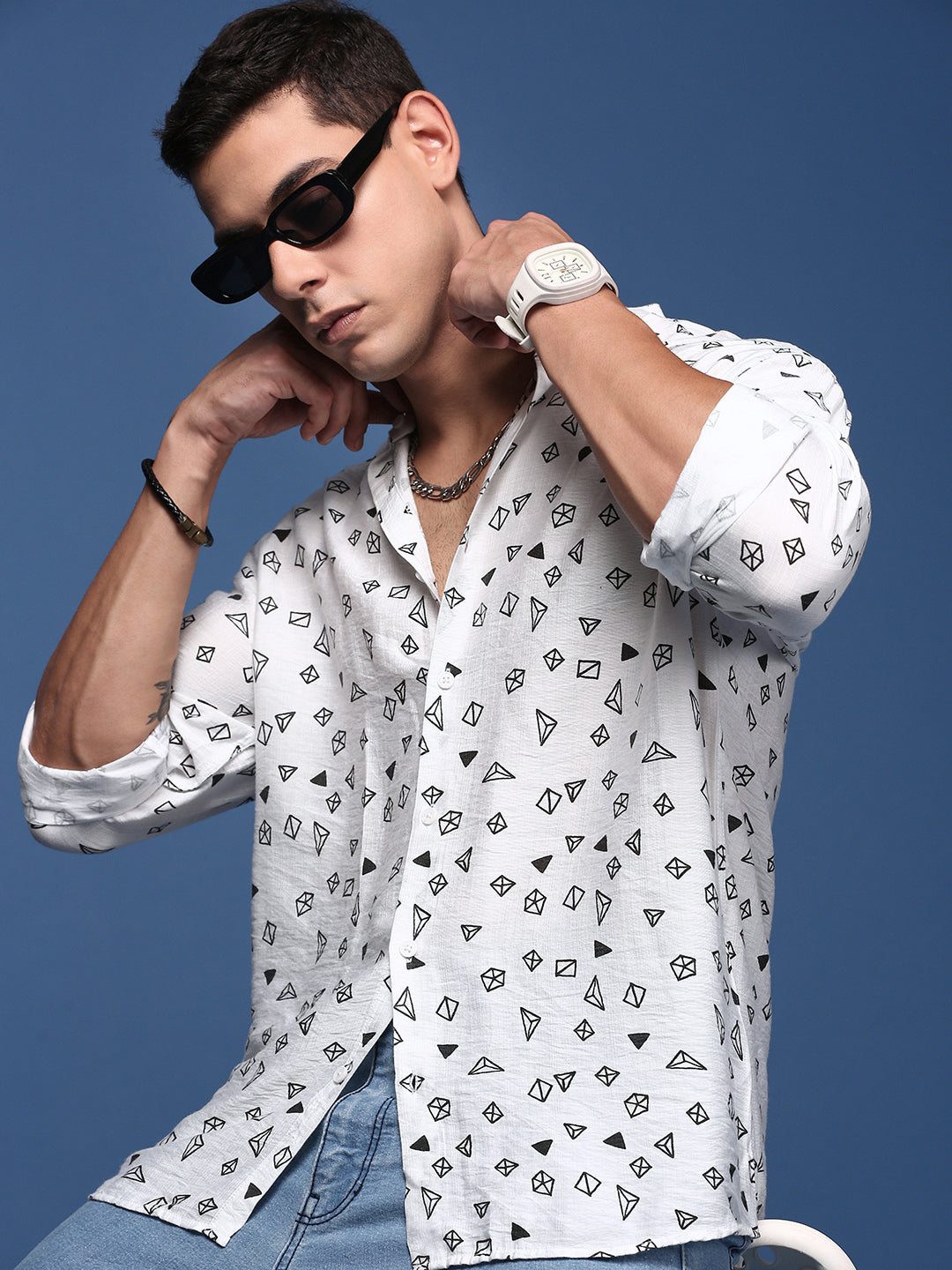 Men Mandarin Collar Geometric White Slim Fit Shirt