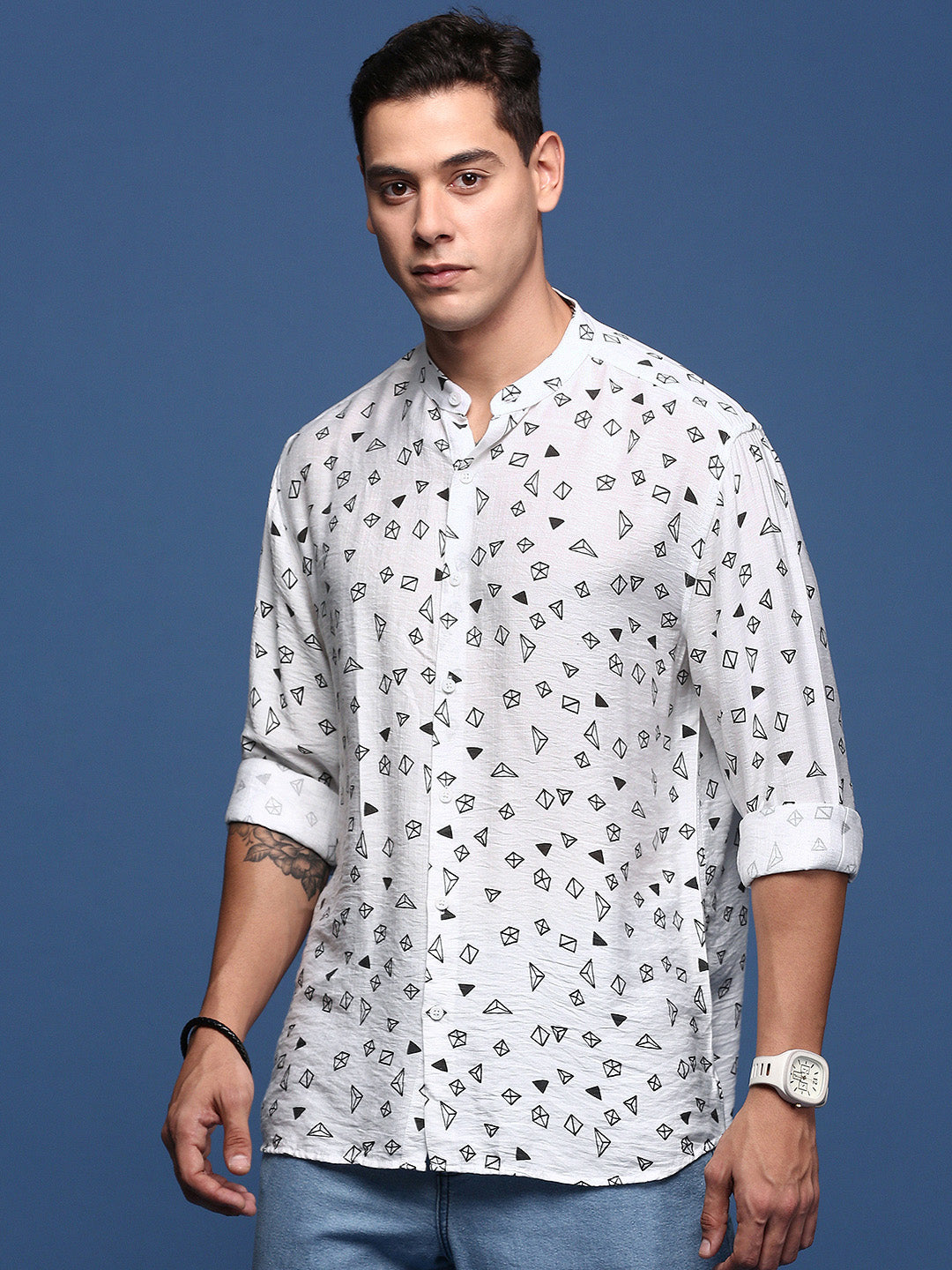 Men Mandarin Collar Geometric White Slim Fit Shirt