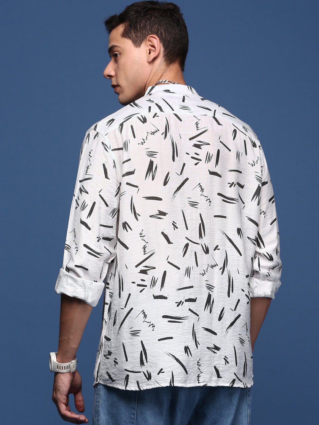 Men Mandarin Collar Abstract White Slim Fit Shirt