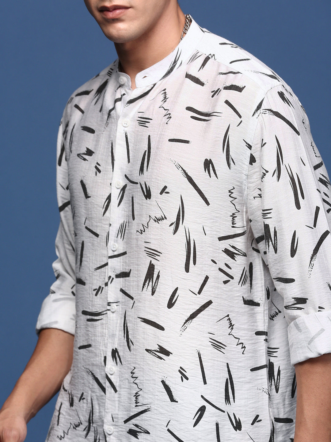 Men Mandarin Collar Abstract White Slim Fit Shirt