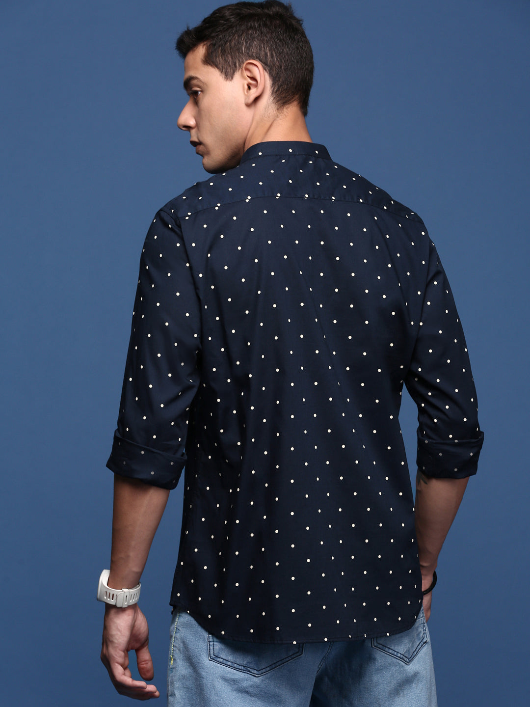 Men Mandarin Collar Polka Dots Navy Blue Slim Fit Shirt