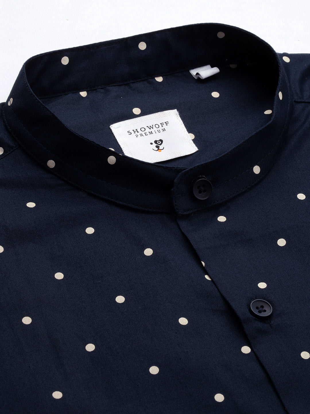 Men Mandarin Collar Polka Dots Navy Blue Slim Fit Shirt