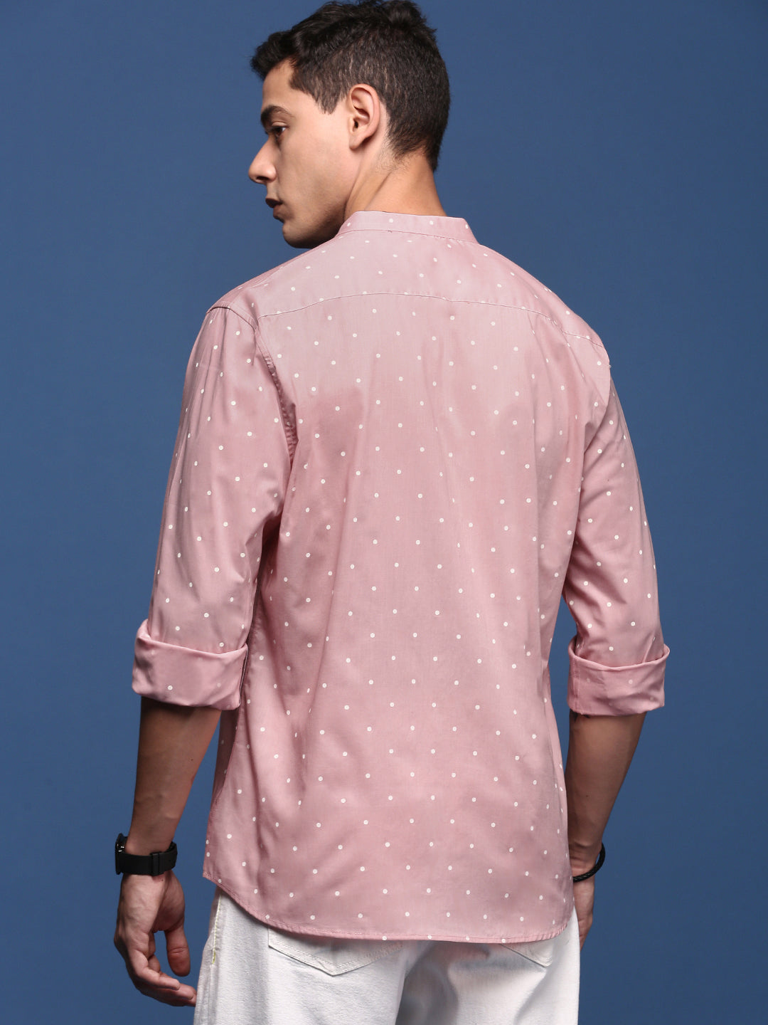 Men Mandarin Collar Polka Dots Pink Slim Fit Shirt