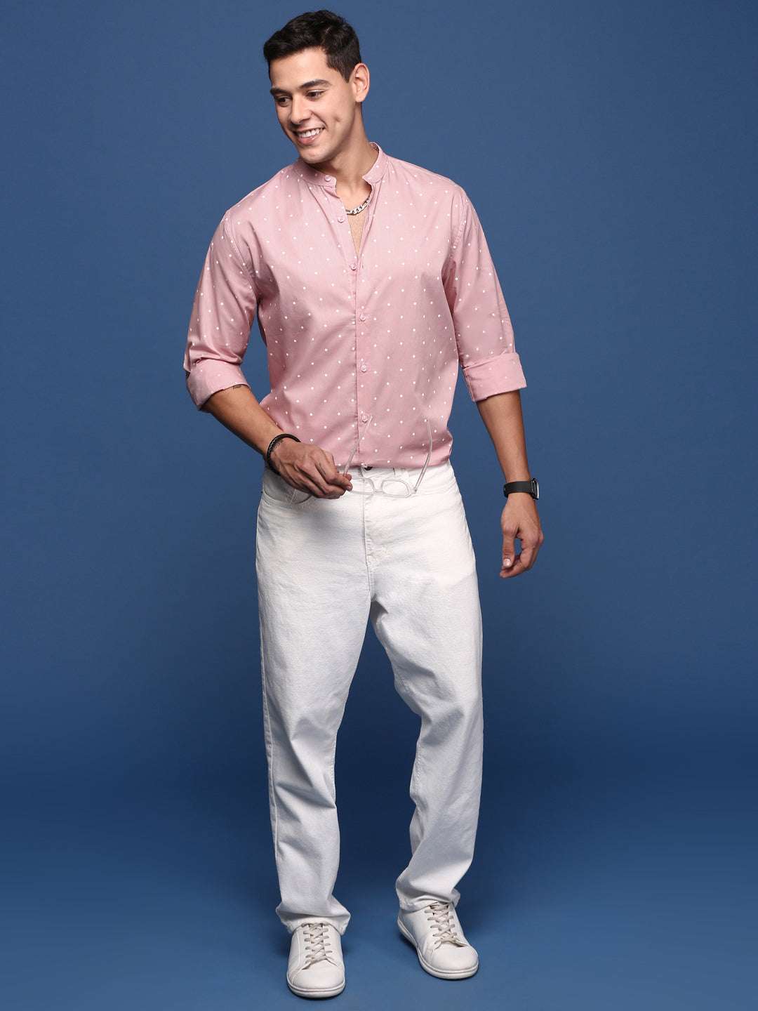 Men Mandarin Collar Polka Dots Pink Slim Fit Shirt