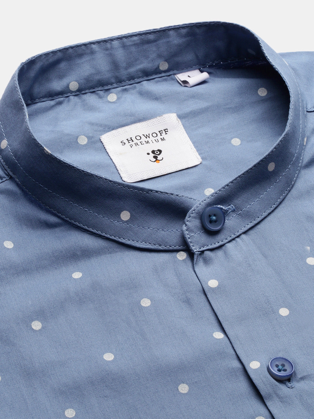 Men Mandarin Collar Polka Dots Blue Slim Fit Shirt