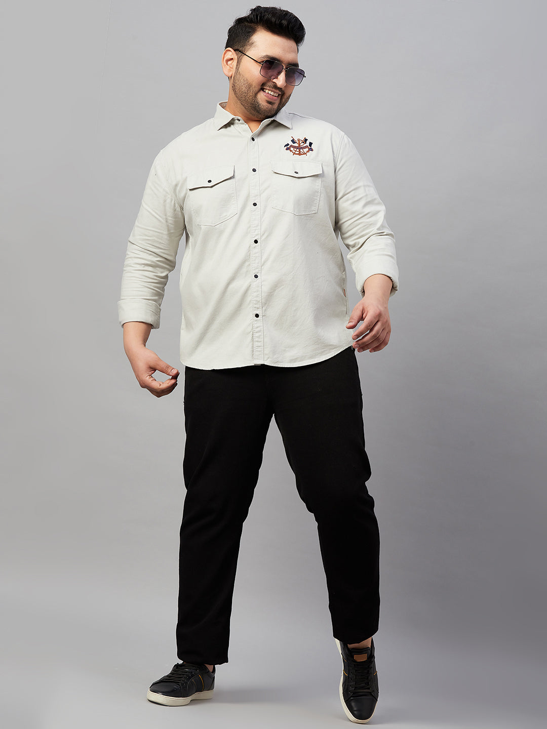 Men Spread Collar Solid Grey Shirt