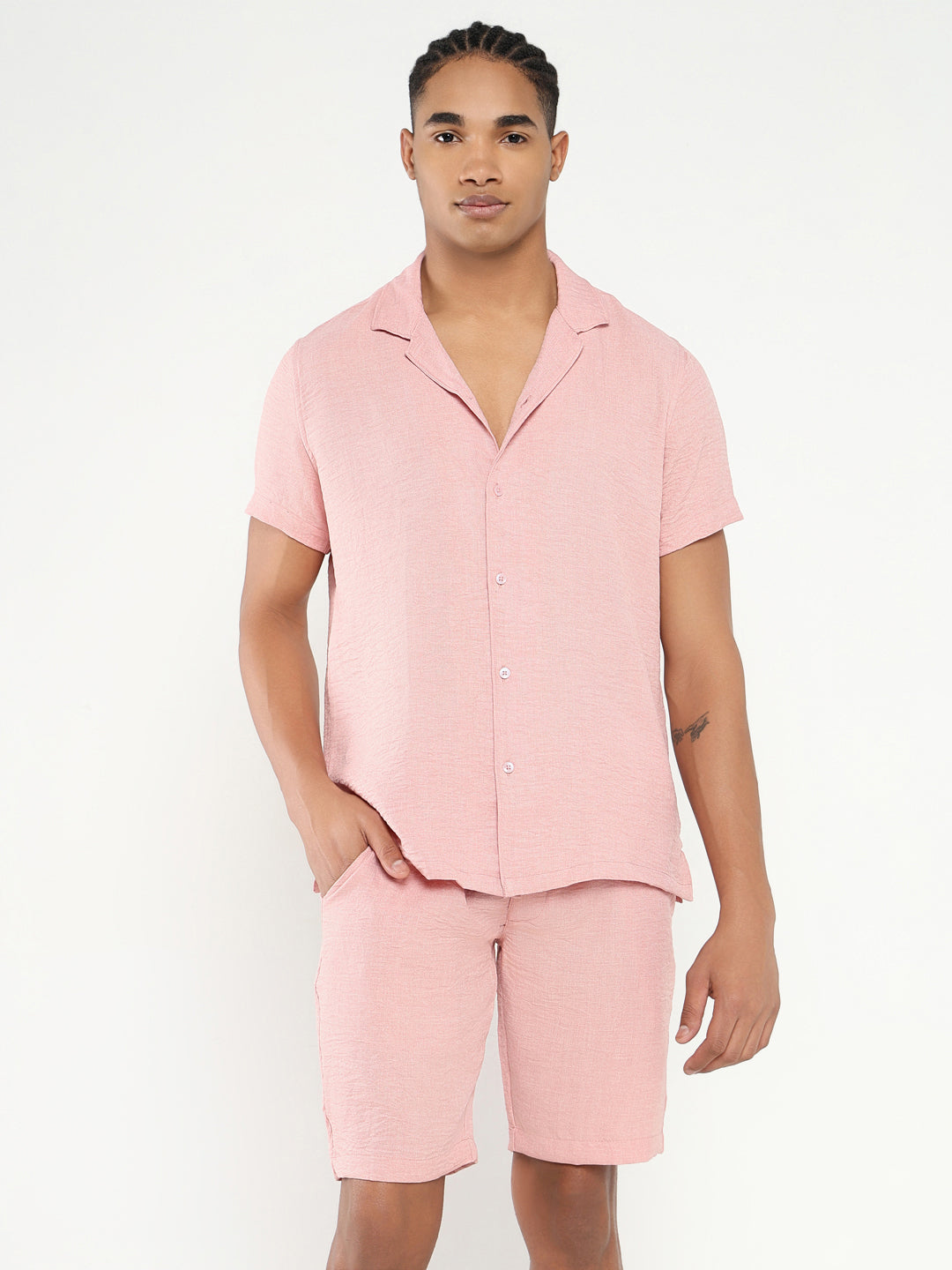 Men Peach Solid Co Ords Set