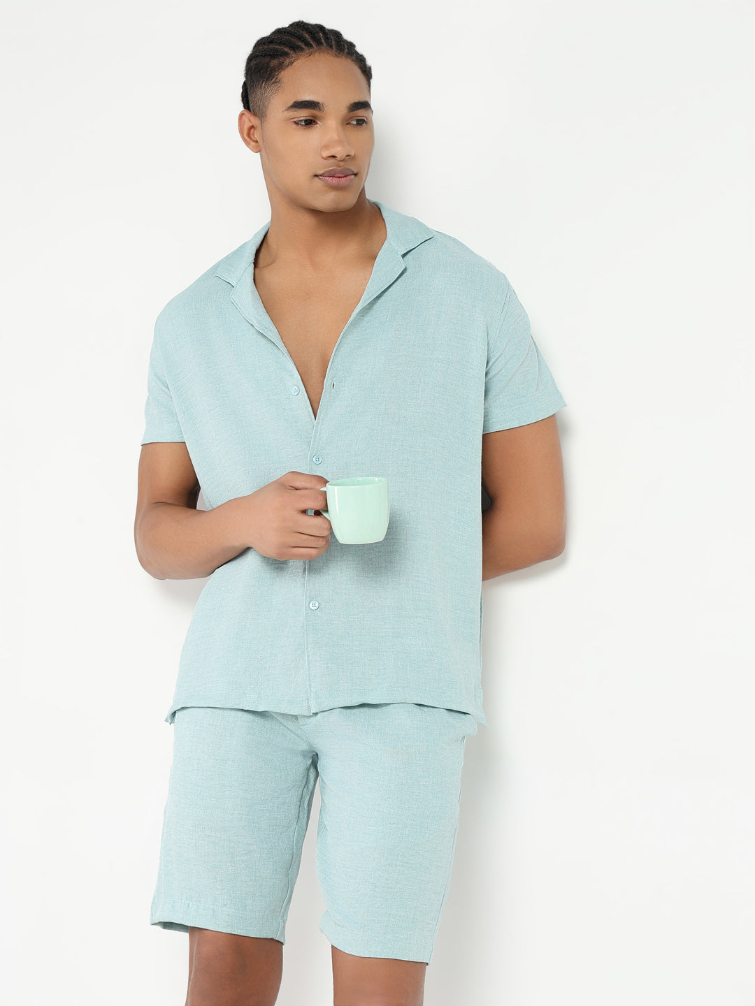 Men Sea Green Solid Co Ords Set