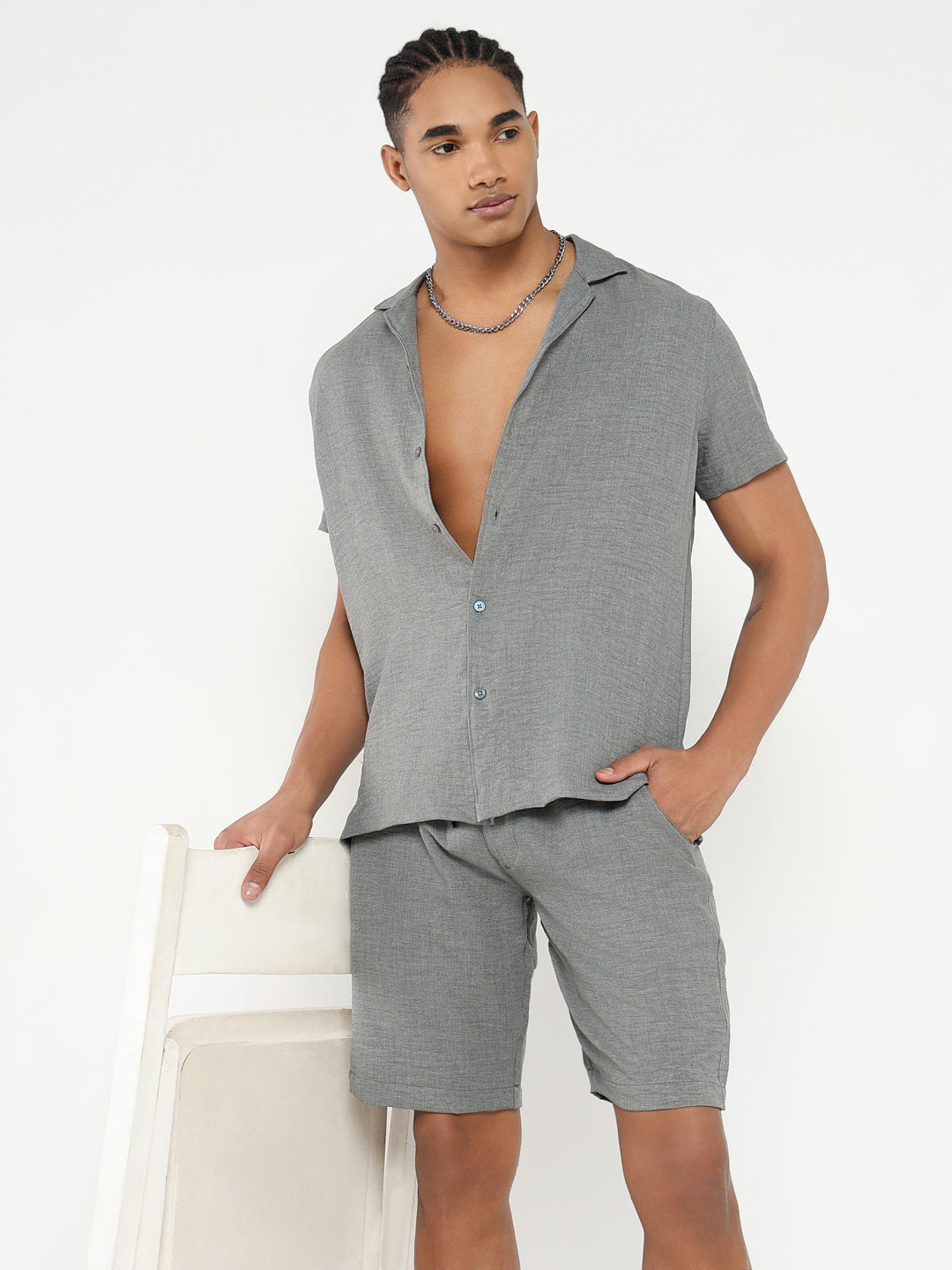 Men Grey Solid Co Ords Set